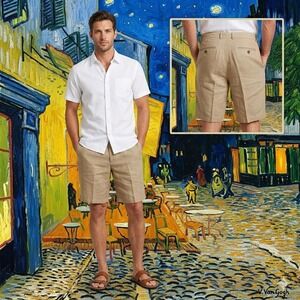 Tasso Elba Mens Khaki 100% Linen Flat Front Shorts Size 35 SU18 23082/24098